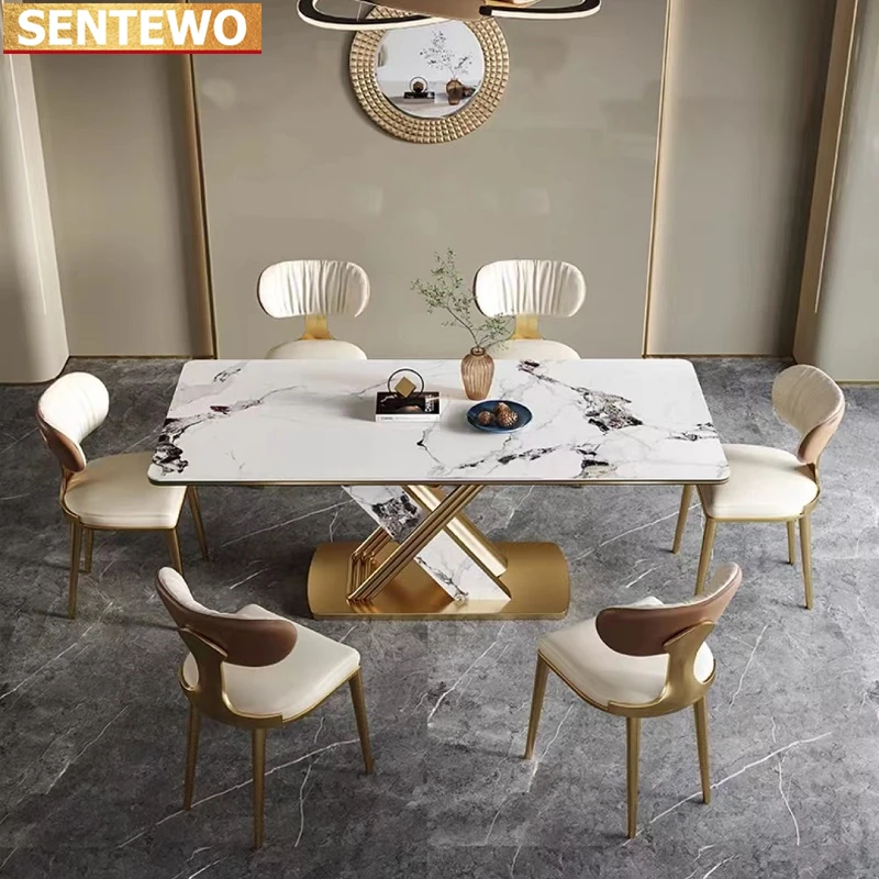 

Ltalian Luxury Marble Dining Tables Dinning Chairs Set Stainless Steel Golden Plating Base Dinner Table Chair Set Salle A Manger