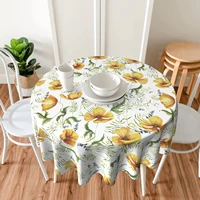 yellow flroal green leaves tablecloth round 60 inch table cover polyester fibre wrinkle resistant waterproof for kitchen picnic