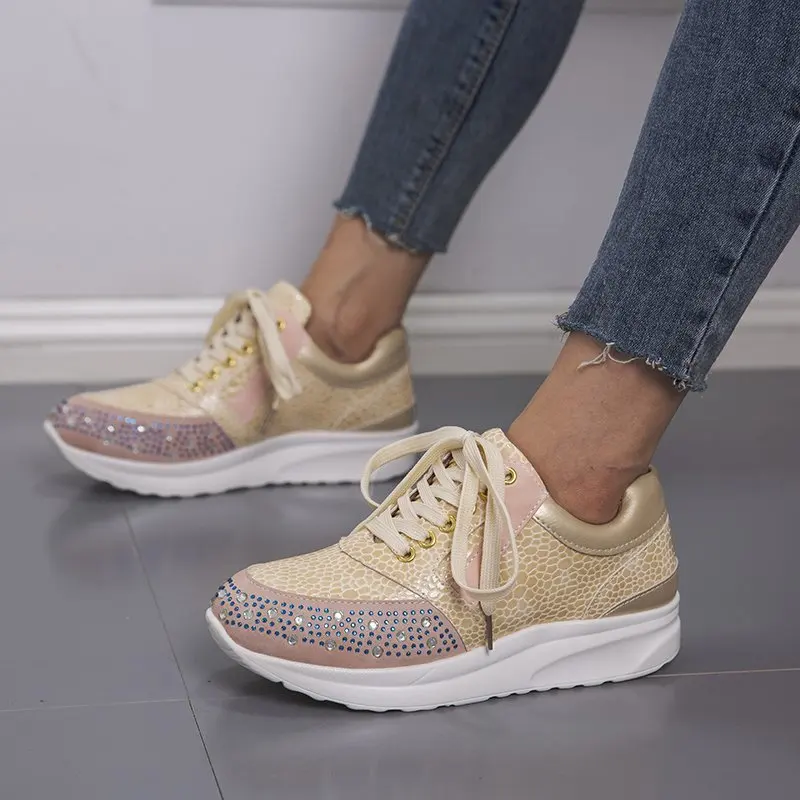 2023 Autumn Women Crystal Shoes Thick Bottom Breathable Rhinestone Sneakers Show Small Increase Summer Sandals Sizes 53-40
