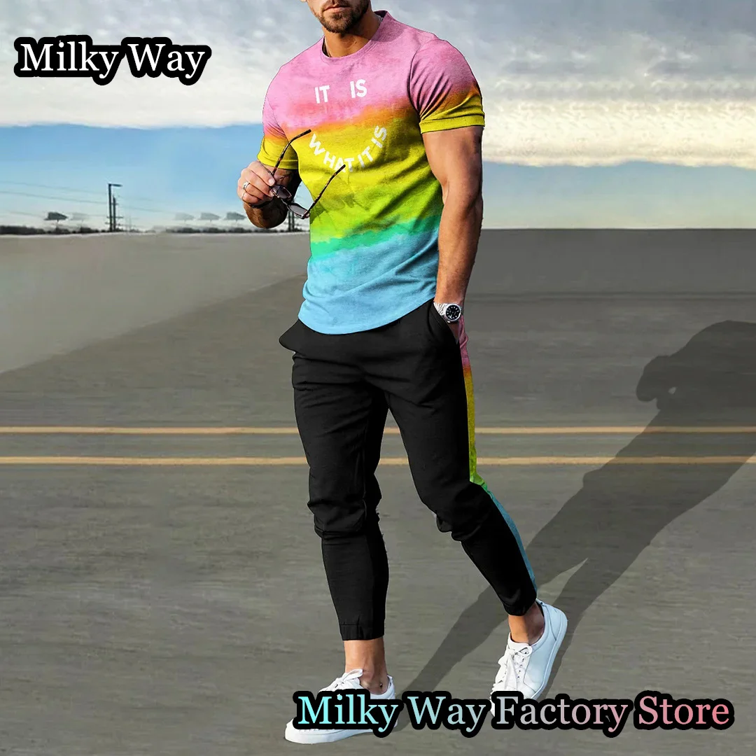 Summer Men Tracksuit 2 Pieces Gradient Color T-Shirt Trousers Set Casual Jogging Suit Fashion Outfit Male Smile Streetwear