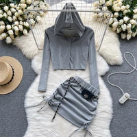 sexy two piece set 2022 autumn hoodied button long sleeve crop top mini bag ruched bodycon skirts women party tracksuits outfit