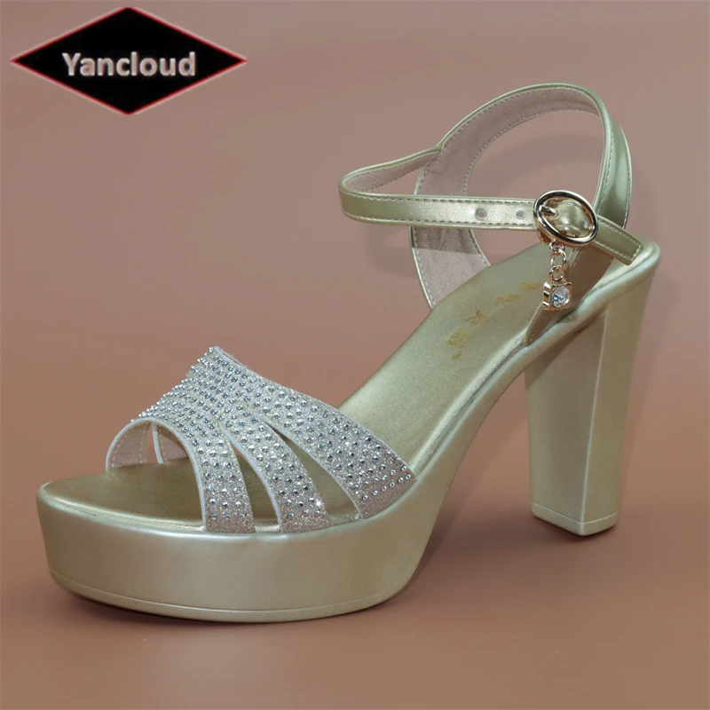 

32-43 Platform Sandals Women Wedding Shoes Summer 2022 Rhinestone Block High Heels Sandals Ladies PartySandal Silver Gold