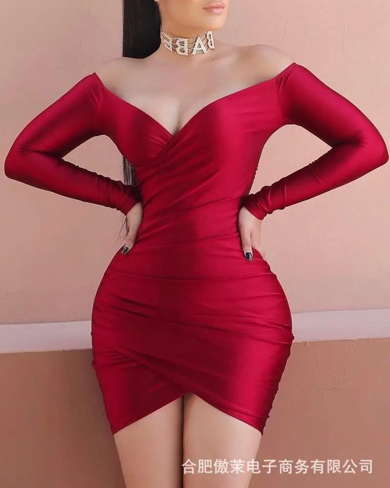 

Women's Party Dress Long Sleeve 2022 New Deep V Strapless Dresses Sexy Female Solid Color Fashion Irrgular Mini Dress