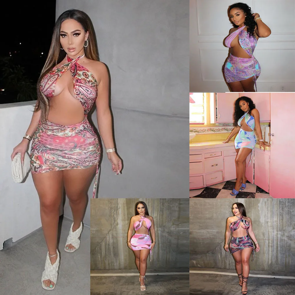 

Summer 2022 Womens Frocks for Women Fashion Sexy Dresses for Women Print Drawstring Halterneck Lace-Up Backless Bodycon Dress