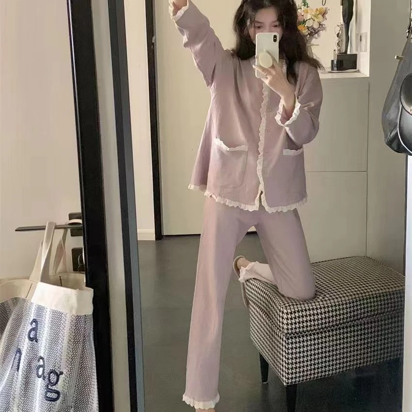 Пижамные комплекты женские фиолетовые с милыми оборками свободная удобная