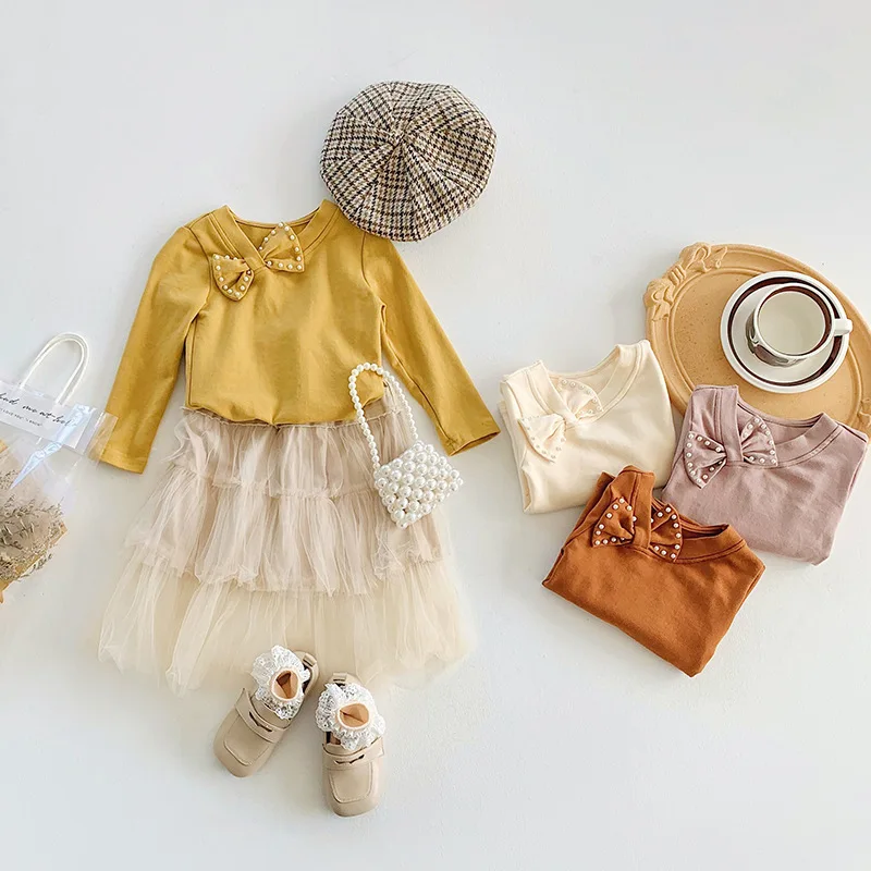 RiniLucia 2022 Autumn Baby Toddler Children Clothing Princess Girls Bowknot Pearl Long Sleeve Girl Cotton Shirt Kids Tops