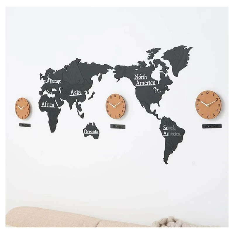 Wall Clock World Map Wall Decor 3d Wood With Clock Punch-Free Large World Map Diy Stickers Time Zone Silent Watch Home Office Wa