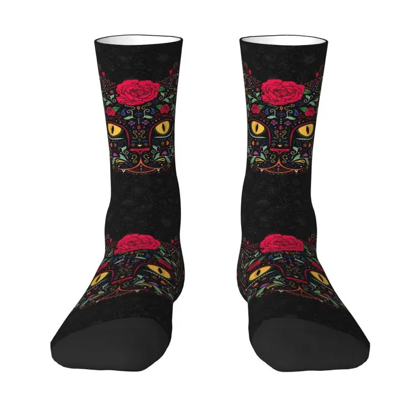 

Day Of The Dead Kitten Cat Sugar Skull Men's Crew Socks Unisex Fun 3D Printed Mexican Halloween Floral Dress Socks