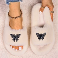 slippers women fluffy cute slides butterfly decor luxury designer sandals ladies faux fur flip flops flat slippers furry shoes