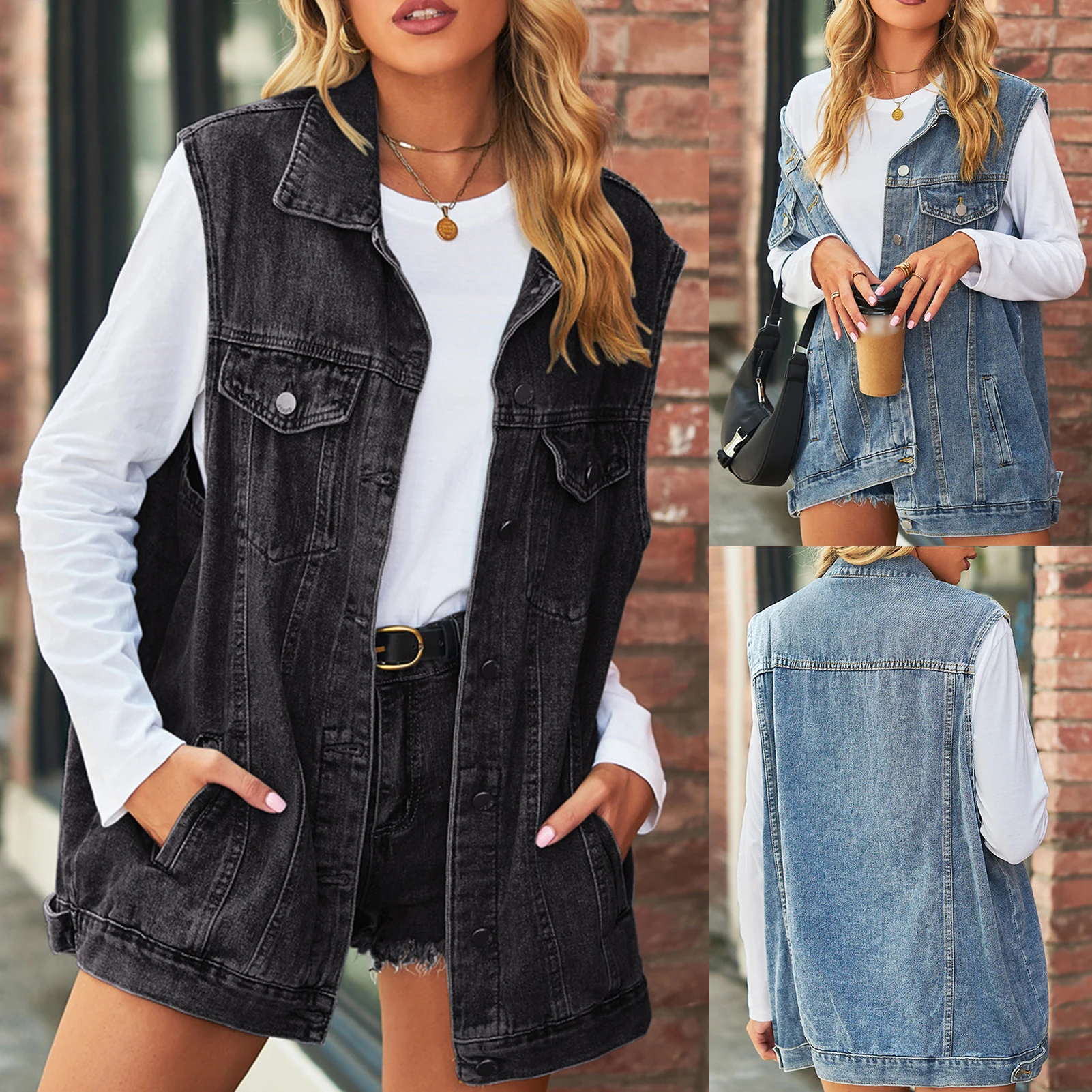 

Винтажный стиль, повседневный джинсовый жилет, Женское пальто оверсайз, потертый жилет без рукавов, однотонная куртка на пуговицах, наряд для отпуска