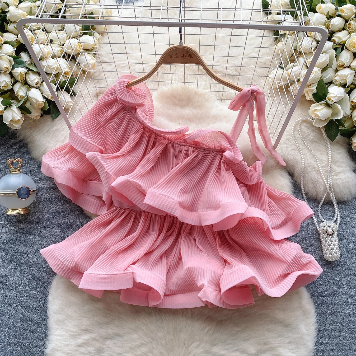

Vintage Bohe Blouse for Women Ruffle Pleated Wave Cut One Shoulder Female Crop Tops Layered Irregular Blouses Lace Up New In