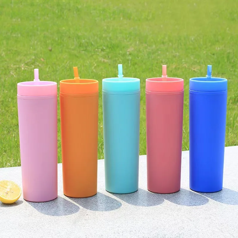 Water Bottle with Straw Double Wall Skinny Plastic Coffee Cup Milk Bottle Simple Modern BPA Free Cold Water Bottle Reusable