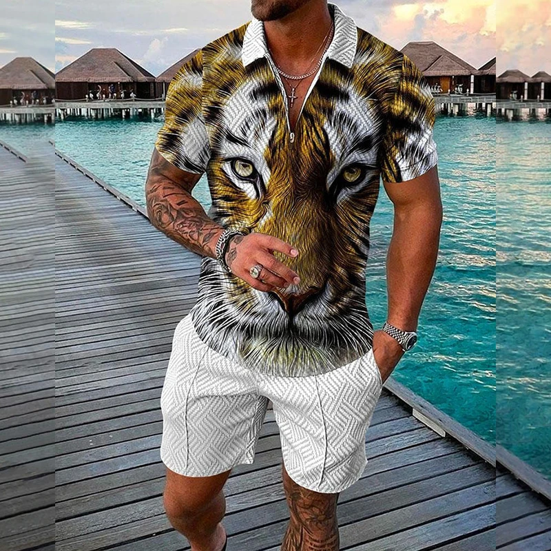 

Men's Summer Tracksuit Set Animal Tigre Polo Shirt Set Turn Down Collar Zipper Clothing Streetwear Casual Outfit Suit Outfits