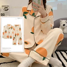 Spring Autumn Knttted Women Pajamas Sets Lapel Funny Cartoon Sleepwear Polka Dots Homewear Girl Pijamas Mujer Pyjama 3XL Fashion