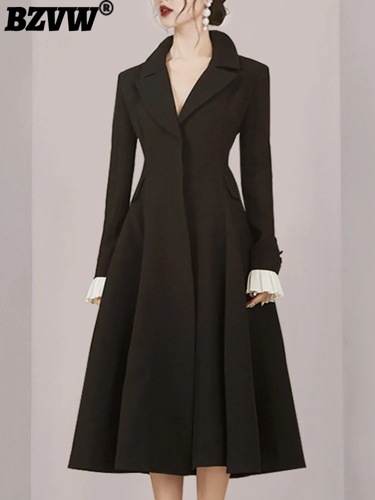 

BZVW Office Lady Suit Long Dresses For Women 2023 Autumn Winter Temperament New Fashion Contrast Color Long Sleeve Dress Female