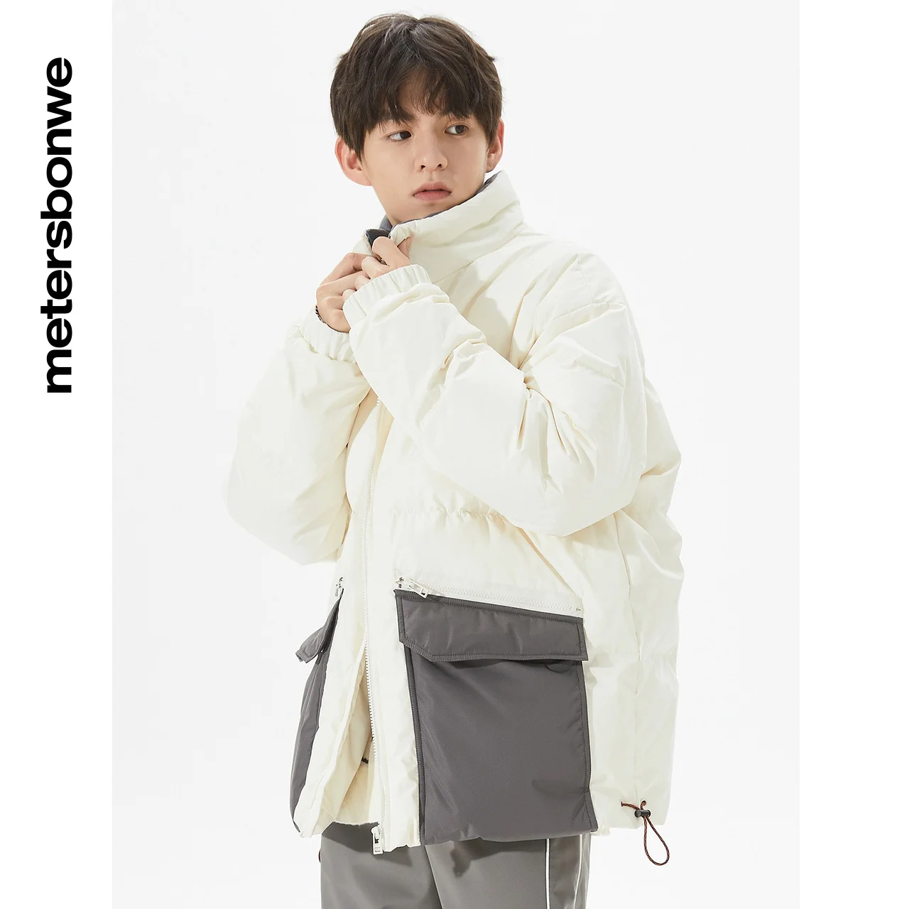 Metersbonwe Couple Stand Collar Short Down Jackets Men's 80% Duck Down Thick Letter Print Warm Wear Loose Women Winter Down Coat