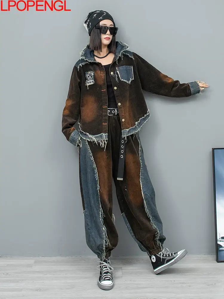 Женский осенний модный костюм персонализированный потертый джинсовый