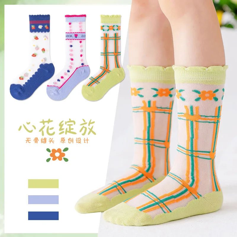 

3 Pairs/lot Children's Socks Spring Summer Thin Cartoon Small Flower Card Kids Breathable Girls Princess Mesh Ice Silk Stockings