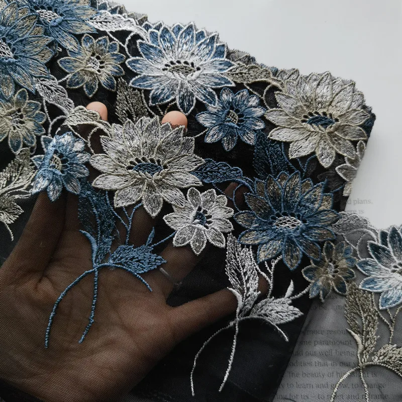 

15meters Grey Blue Floral Black Mesh Embroidered Lace Trim Clothes Accessory Lingerie Bra Doll's Dress Sewing Garment DIY Fabric