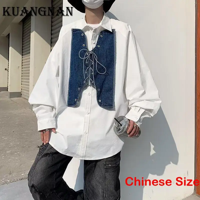 

Мужская рубашка с длинным рукавом KUANGNAN, оригинальная Лоскутная рубашка с длинным рукавом, весна 2023