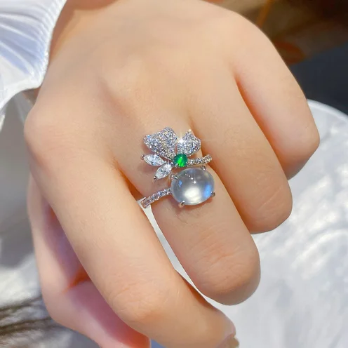 

Natural ice white jade pith agate full diamond open ring female ring