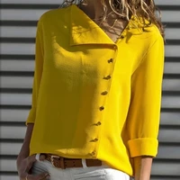 seven color button up shirt irregular diagonal neck long sleeve womens top retro fashion designer office lady coat autumn