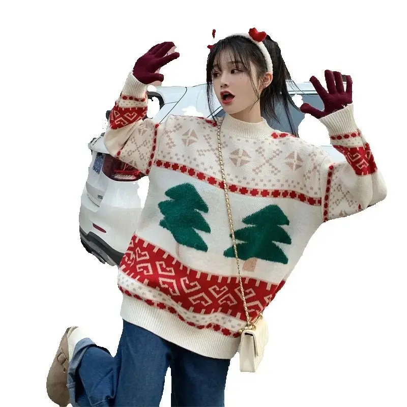 Рождественская серия вязаный свитер с круглым вырезом женский 2024 осень-зима