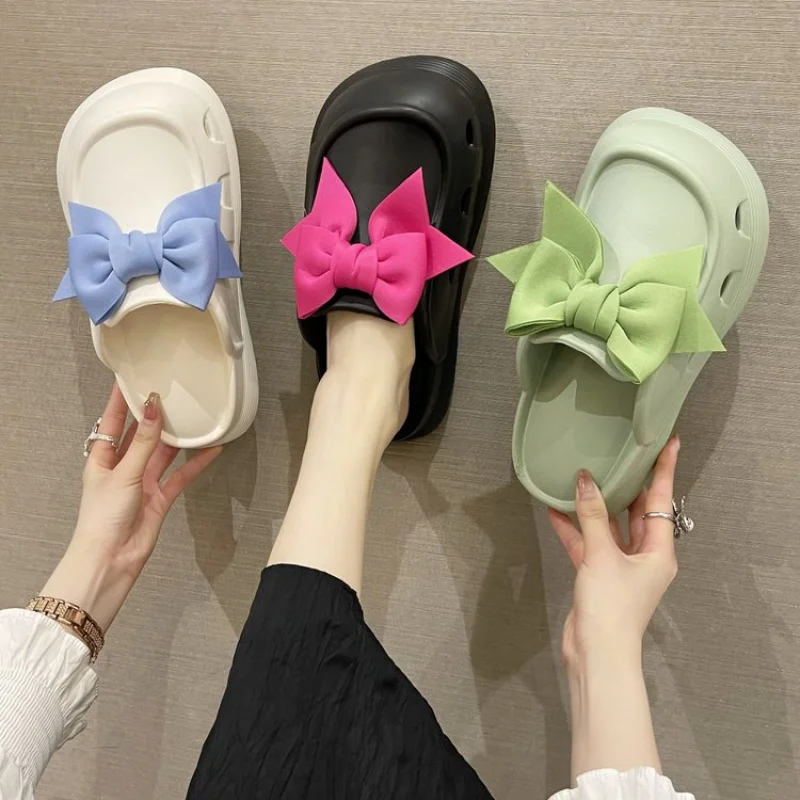 

Женские шлепанцы, повседневные Шлепанцы из ЭВА в Корейском стиле, с бантом, на низком каблуке (менее 3 см), Молодежные шлепанцы с закрытым носком