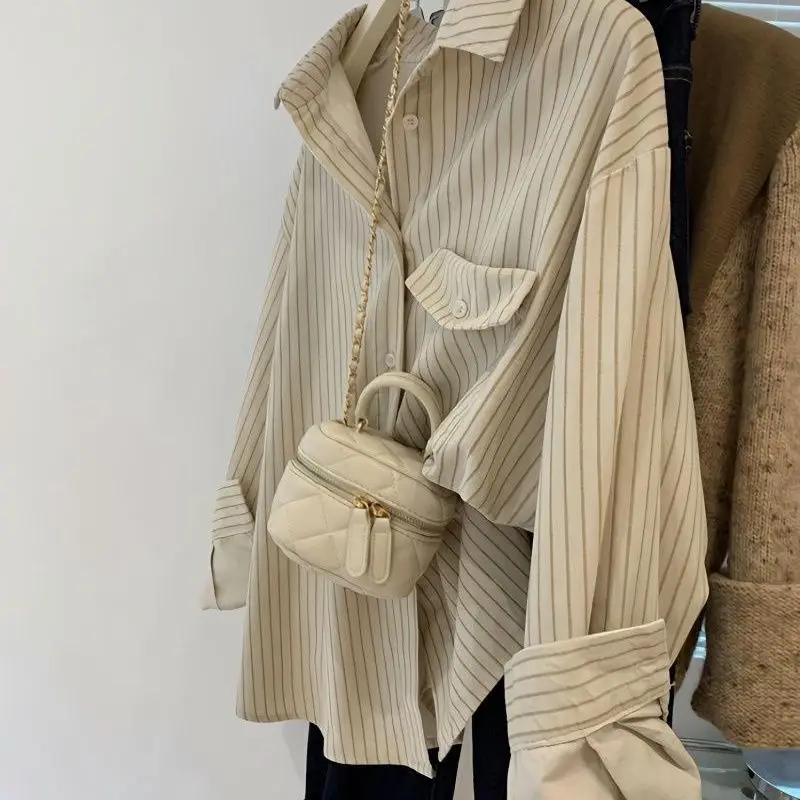 

Striped Shirts Women Vintage Tops Chic Sun-proof Autumn Literary Camisas De Mujer Casual Temper French Style New Females Classic