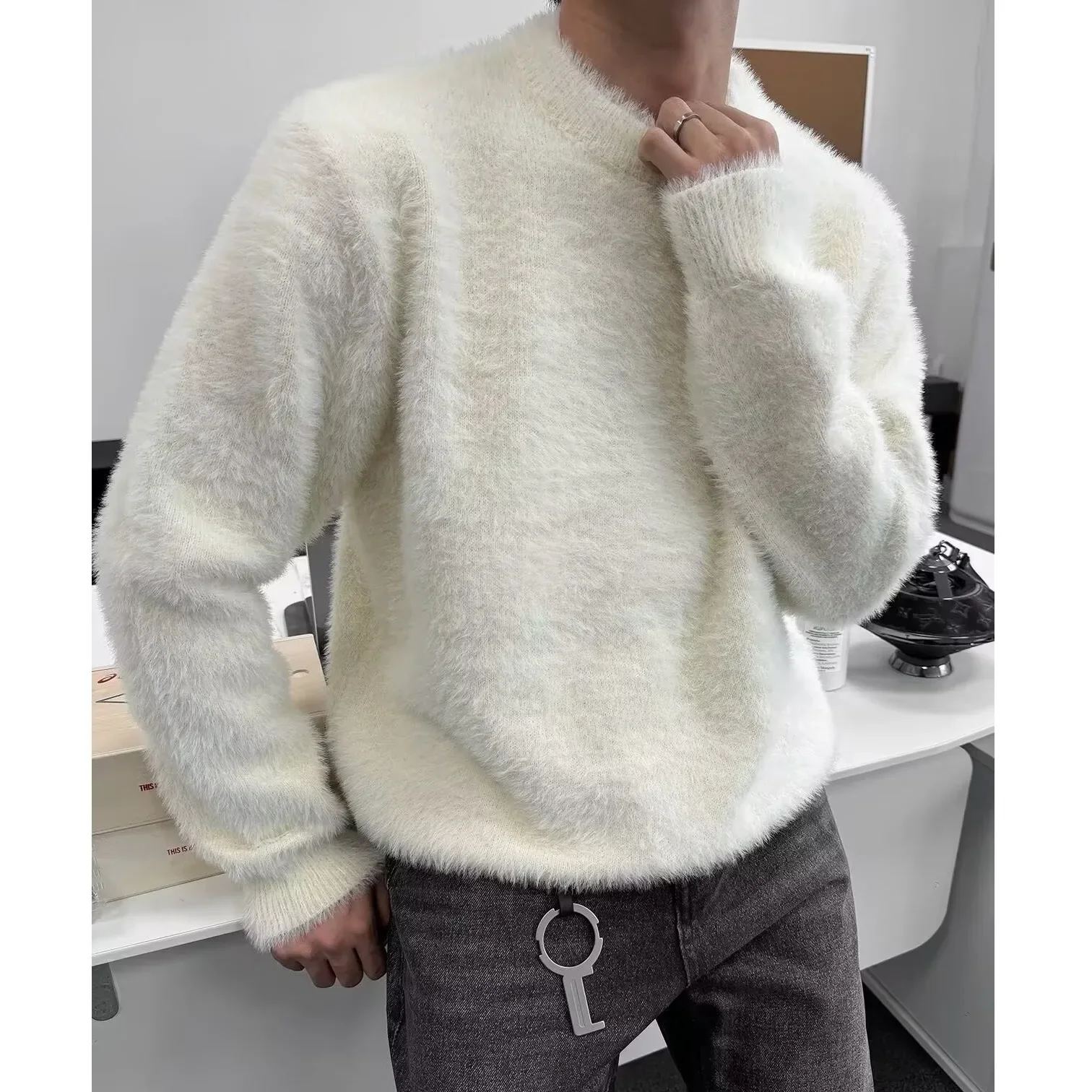 Осень/зима мужской новый стильный вязаный свитер с круглым вырезом