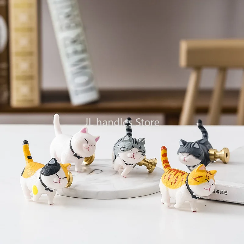 

Cartoon Cat Cabinet Knobs Creative Resin Furniture Brass Handles Kids Room Drawer Handles for Colorful Cabinet Handle