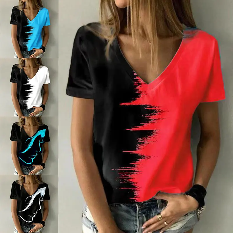 

Casual Women T Shirt Summer Abstract 3D Printed Short Sleeve V Neck Vintage Loose Shirt Oversized Tops Camiseta Mujer