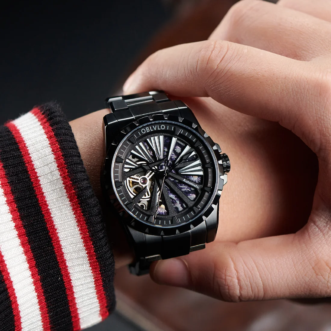 

OBLVLO Brand Black Skeleton Watches Mechanical Automatic Watch For Men Sport Clock Casual Luminous Bracelet Wrist Watch RMS-U