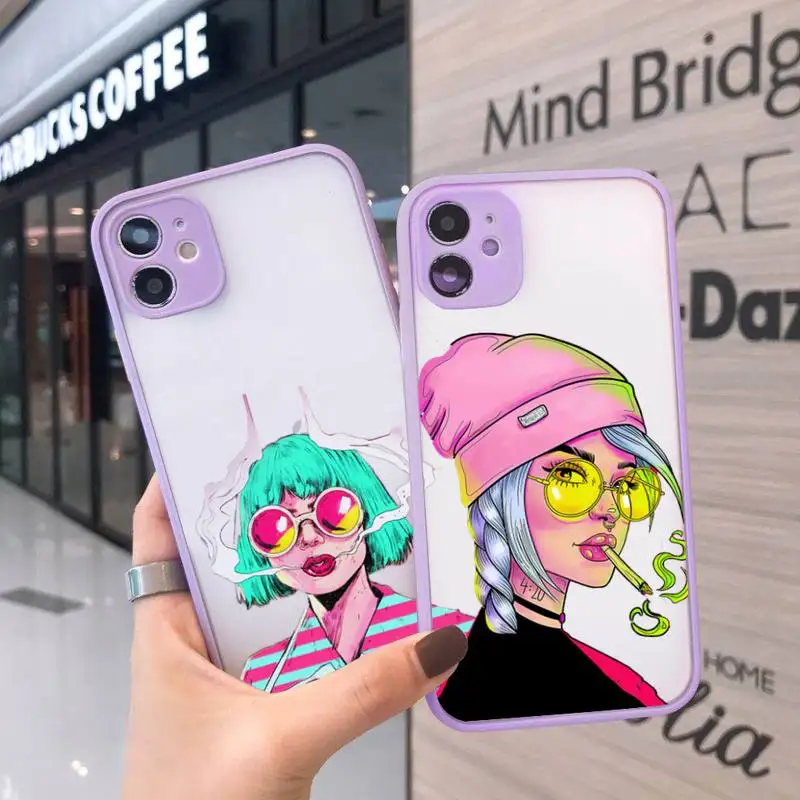 

Sexy girl cool pink cartoon Phone Case For iPhone 13 12 11 Mini Pro XR XS Max 7 8 Plus X Matte transparent Purple Back Cover