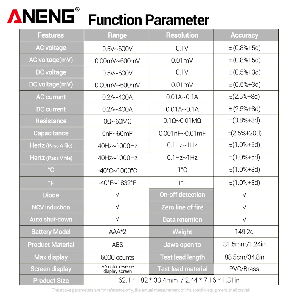 Мультиметр ANENG ST212 цифровой 6000 отсчетов DC/AC 400A |
