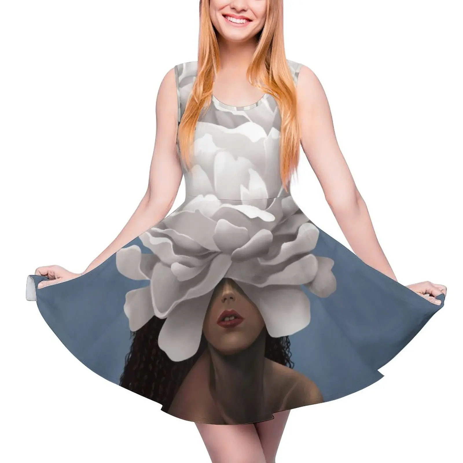 

Women Head Dress Elegant Flowers Print Night Club Dresses High Waist Simple Pattern Skate Dress Summer Female Oversize Clothing