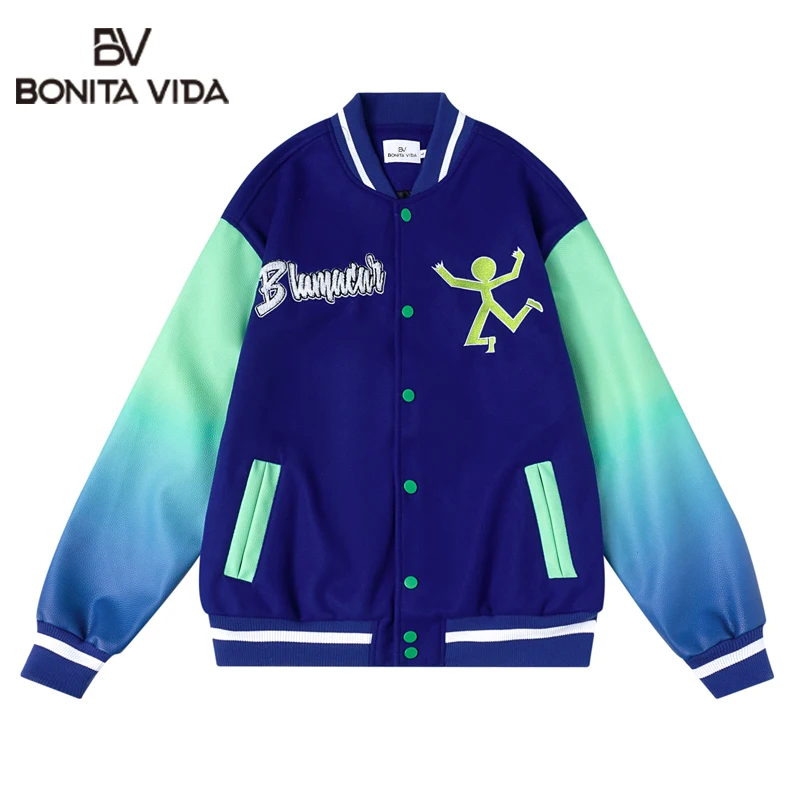 

Mens Leather Jacket Streetwear Hip Hop Vintage Embroidery Letter Color Block Patchwork Baseball Jacket Autumn Casual Loose Coat