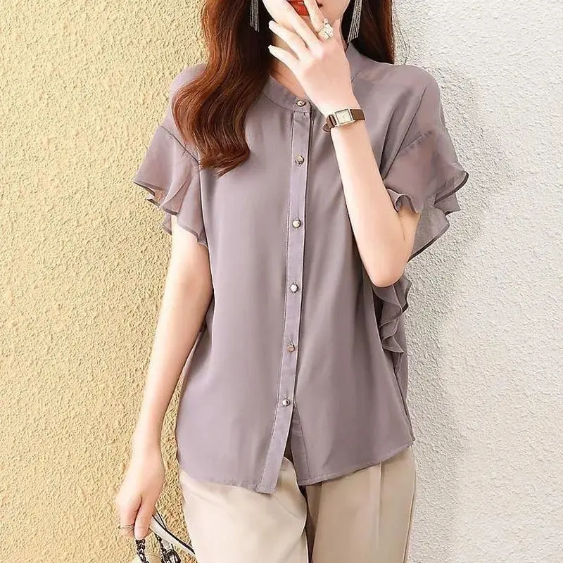 

Женская простая Милая элегантная рубашка на пуговицах, летняя модная офисная Повседневная Блузка с оборками и коротким рукавом, однотонные топы с воротником-стойкой