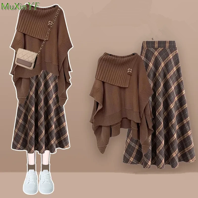 

Women Autumn Winter Fashion Bowknot Cloak Sweater Skirts 1 or Two Piece Set England Style Chic Brown Knit Tops Skirt Outfits