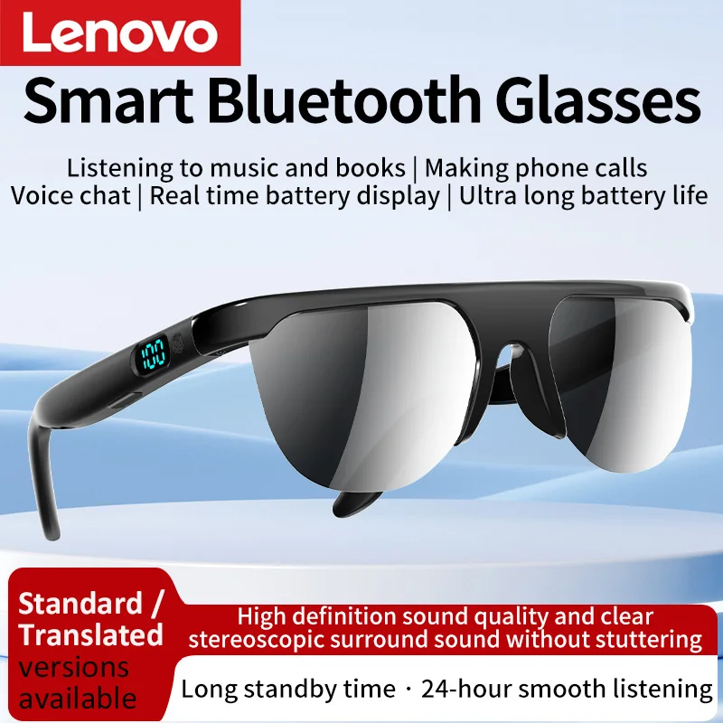 Фото Умные Bluetooth-очки-наушники Lenovo с функцией перевода, открытой конструкцией, HD-стереозвуком, индикатором заряда батареи для звонков и прослушивания музыки №1