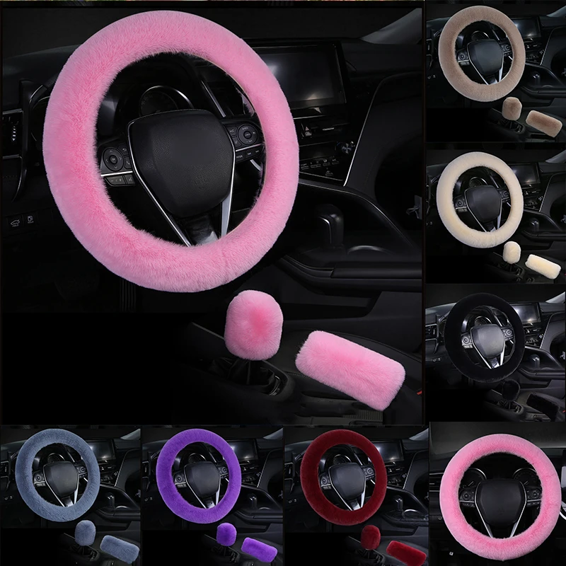 

1/3 Pcs Universal Car Steering Wheel Cover Gearshift Handbrake Cover Protector Decoration Warm Super Thick Plush Auto Interior