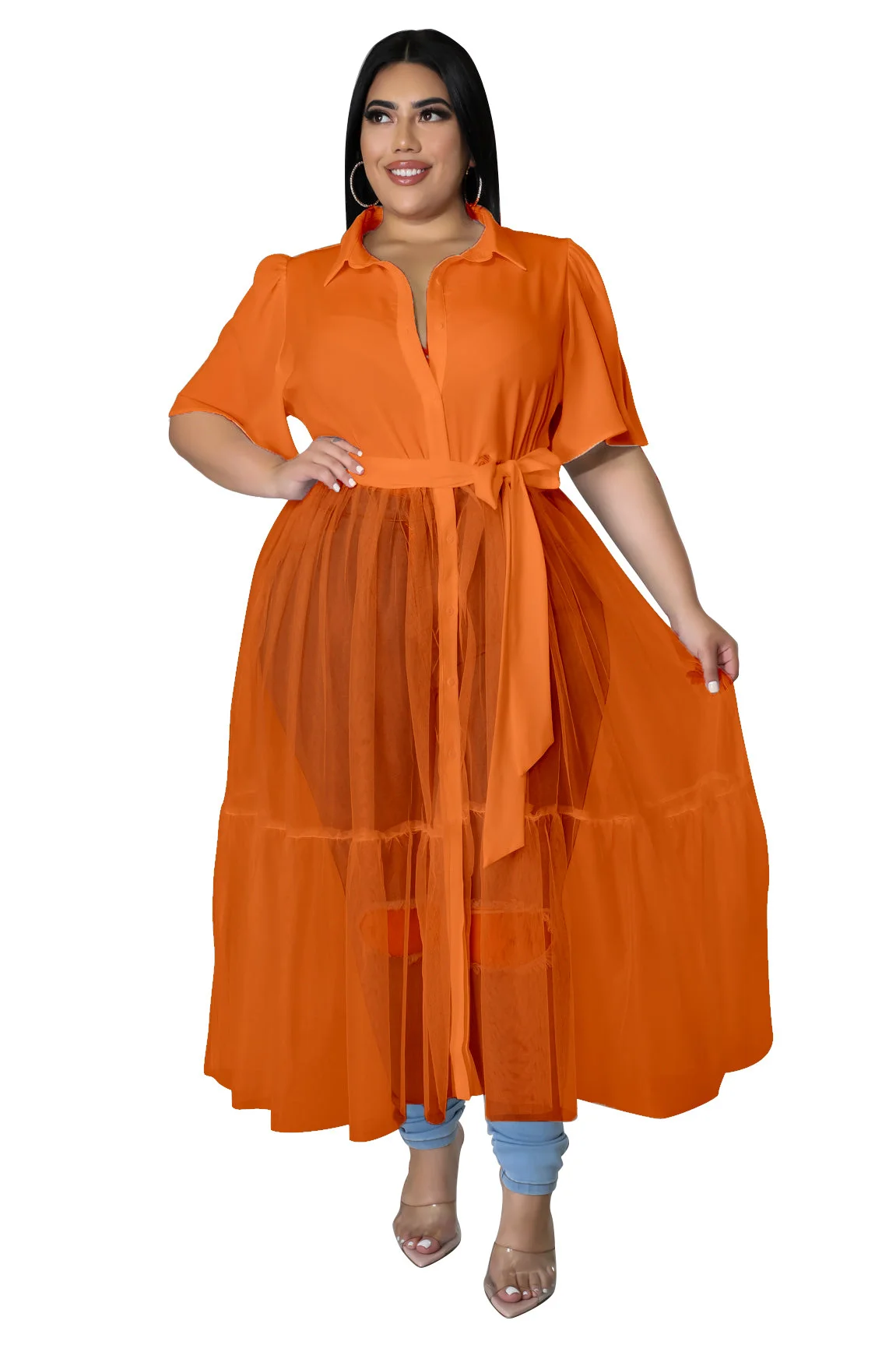 Plus Size Women's Dress 2023 Summer New Women Solid Color Shirt Mesh Large Top Dress Fashion Short Sleeve Casual Female Clothes