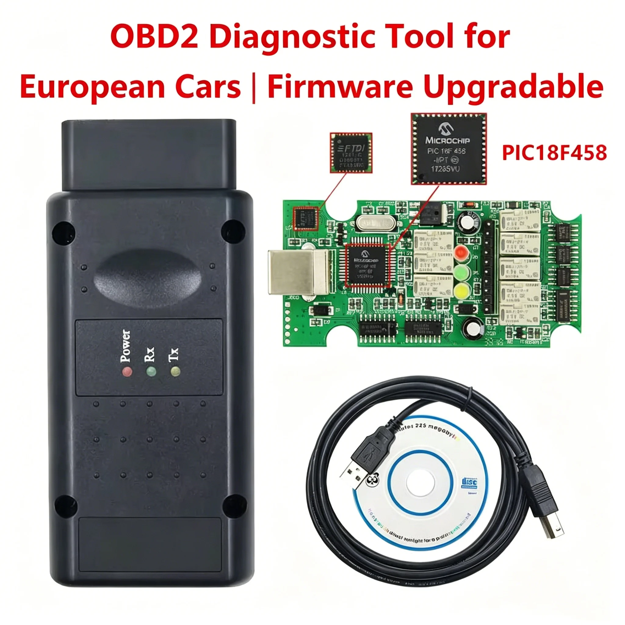 Фото Диагностический сканер OBD2 для автомобилей с чипами PIC18F458 и FTDI, USB-интерфейс, поддержка обновления прошивки (FW), для европейских автомобилей №1