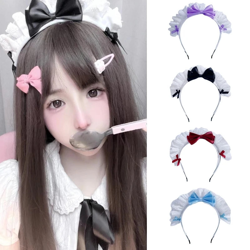 

Lolita Pleated Laces Hair Hoop Women Elegant Bowknot Shape Makeup Headband Female Cosplay Maid Hairband Photoshoot Party Props