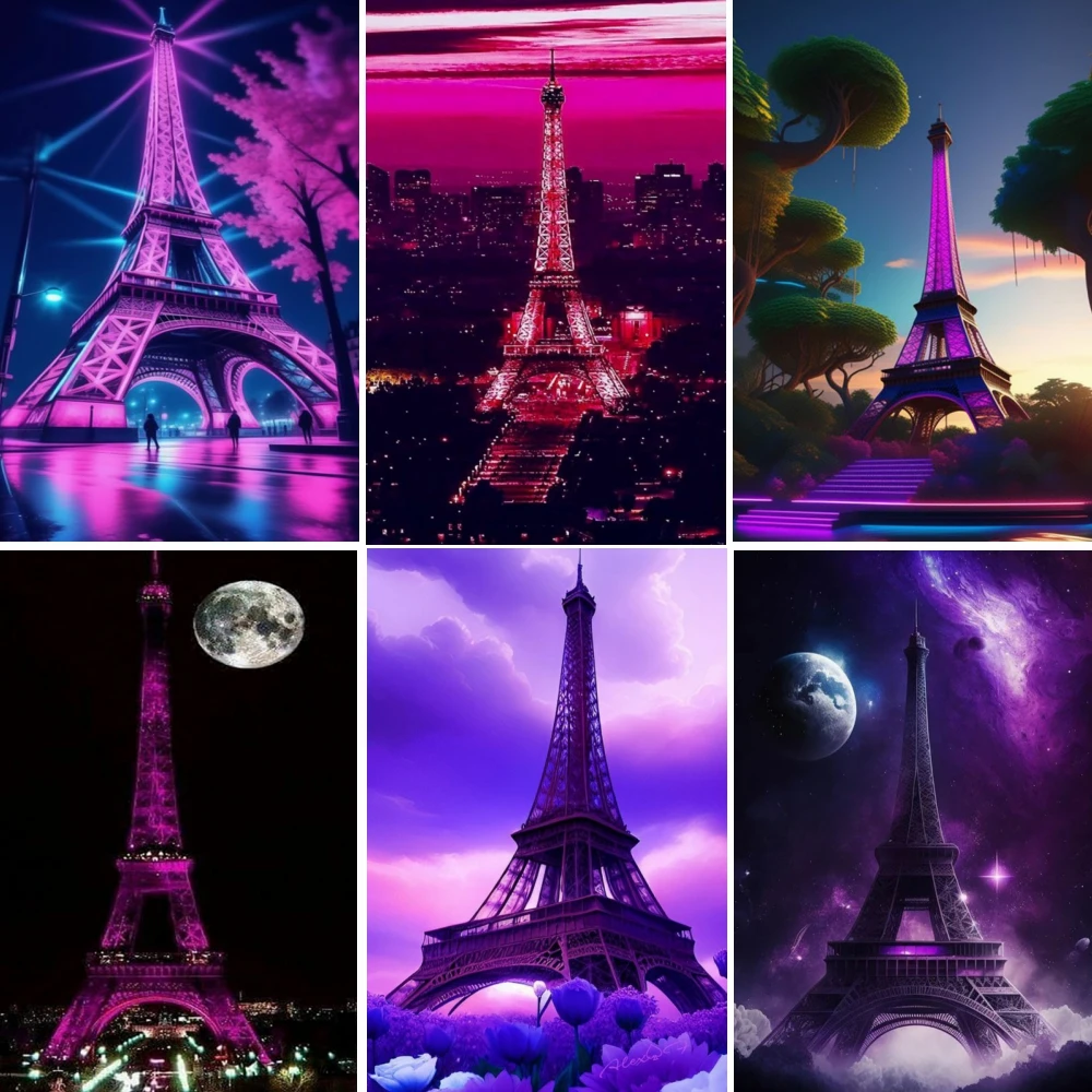 Набор алмазной живописи PYABPD Эйфелева башня фиолетового цвета с луной вышивкой