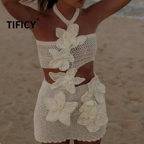 Новый вязаный полый висячий воротник с цветочным принтом пляжный женский