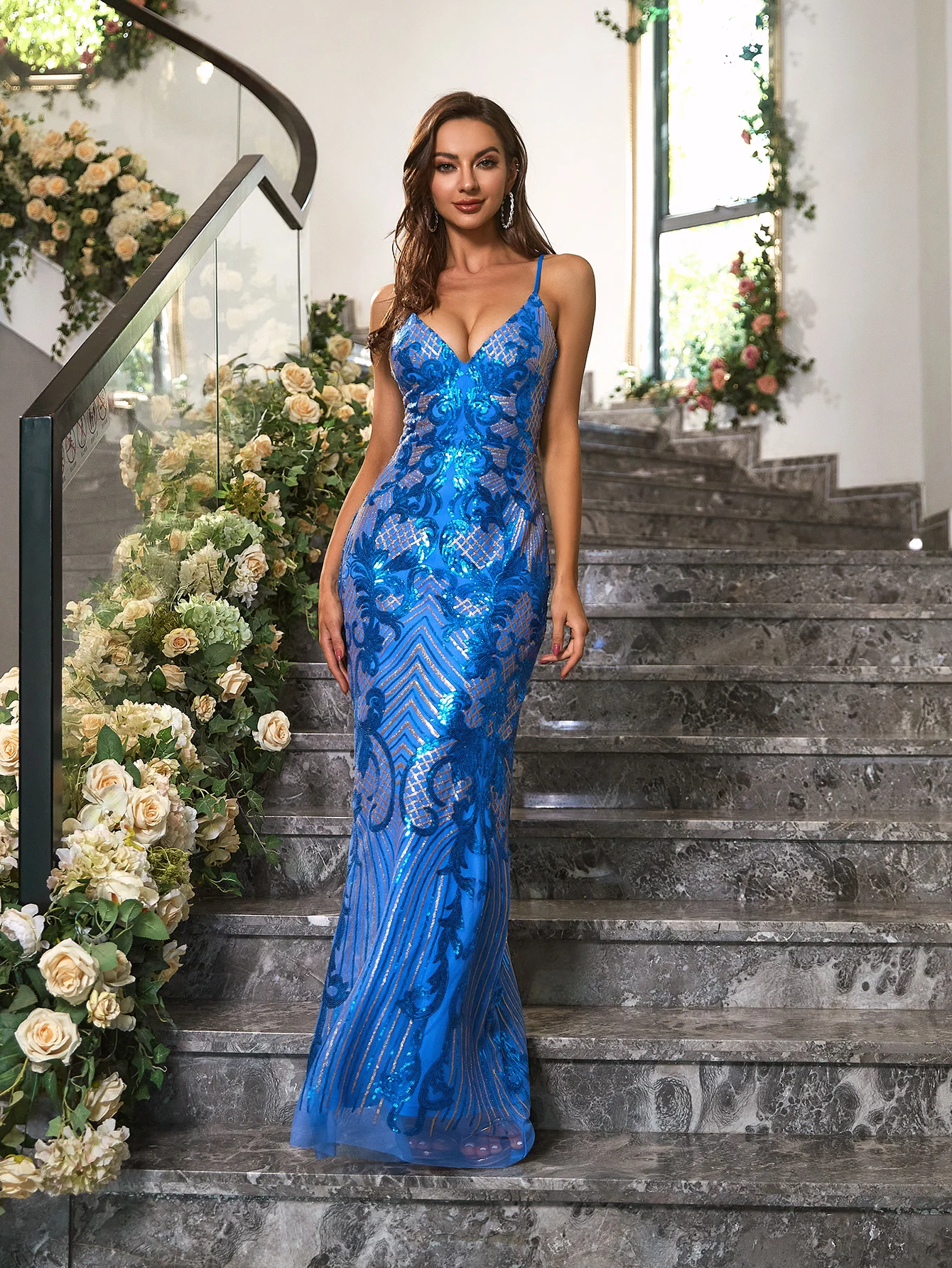 

Angel-fashions Женское Веч. Платье с V-образным вырезом Angel-fashions, синее длинное вечернее платье с V-образным вырезом, с цветочным принтом, с блестками...