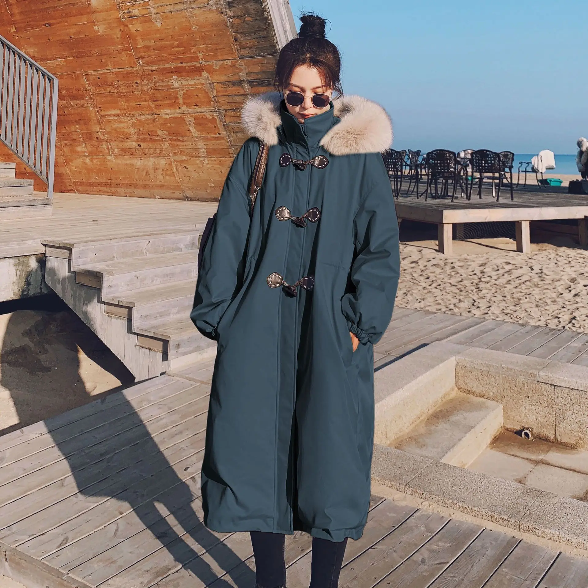 Cow horn button dark green style overcame women's winter medium long plush thickened cotton suit
