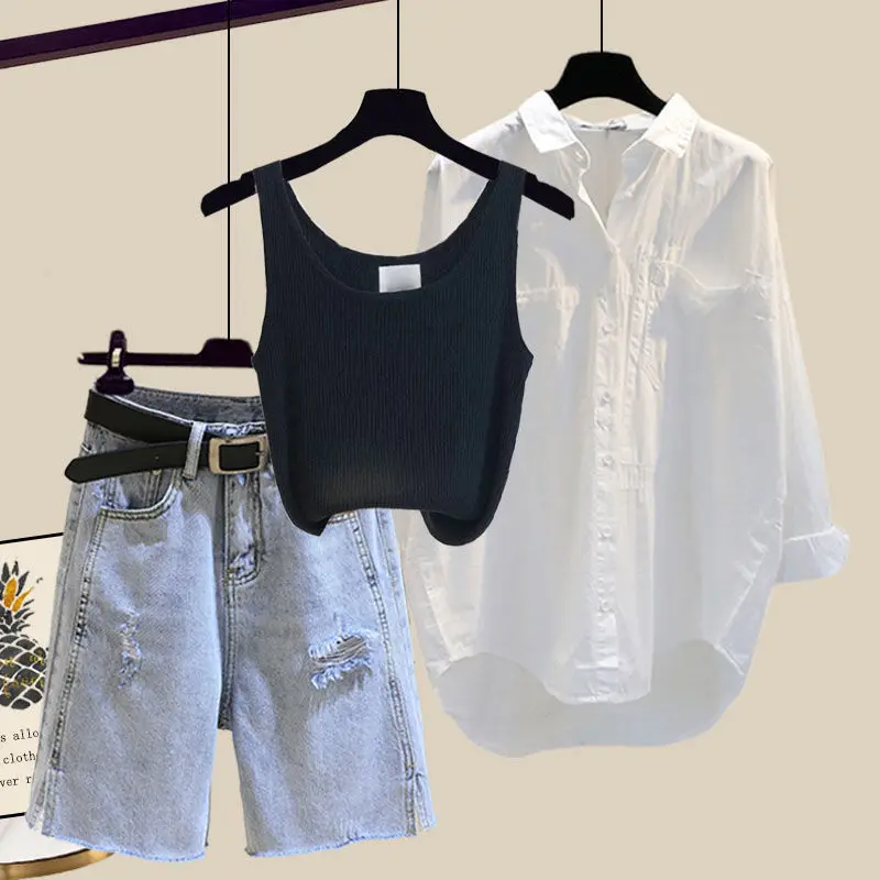 Большой женский летний комплект новинка 2024 Солнцезащитная рубашка с майкой