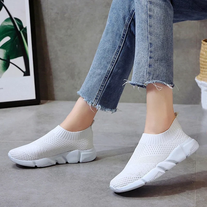 YeddaMavis White Summer Knitting Women Sneakers Women Light Breathable Mesh Flat Shoes Woman Non-slip Soft Bottom Casual Shoes
